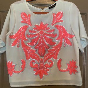 SOLD -  Sequin Detail Hot Pink and White Top